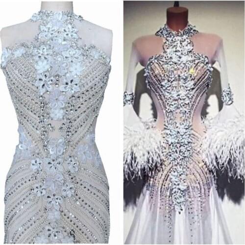 Rhinestone Applique Full Lengh Body Crystals Bodice Patches Sew On 3D Flower Beaded Applique Bridal Dress Decoration