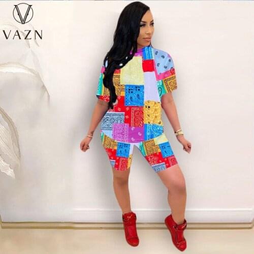 VAZN 2021 Summer New Special Patchwork Holiday O-neck Short Sleeve O-neck Two Piece Set 2 Piece Set Women Top And Pant