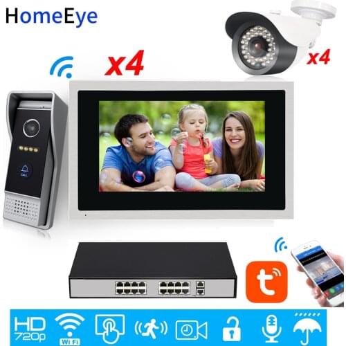 WiFi IP Video Door Phone Video Intercom 10''Touch Screen Security Access Control System Mobile App Remote Unlock POE 4 IP Camera