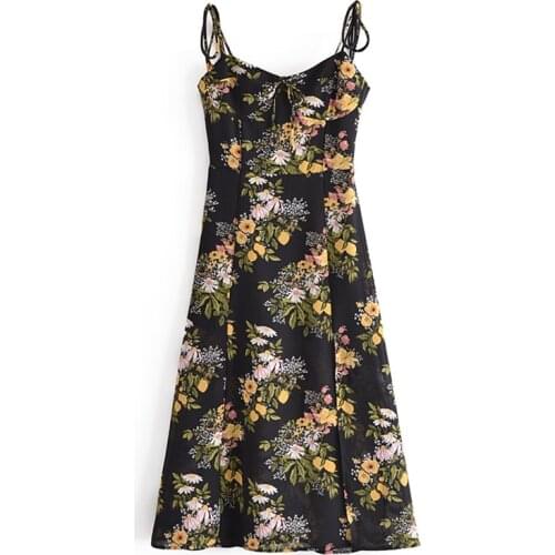 YENKYE Vintage Lemon Print Sexy Sling Chiffon Dress Women Slits A-line Summer Prairie Chic Dress Ladies Holiday Vestido