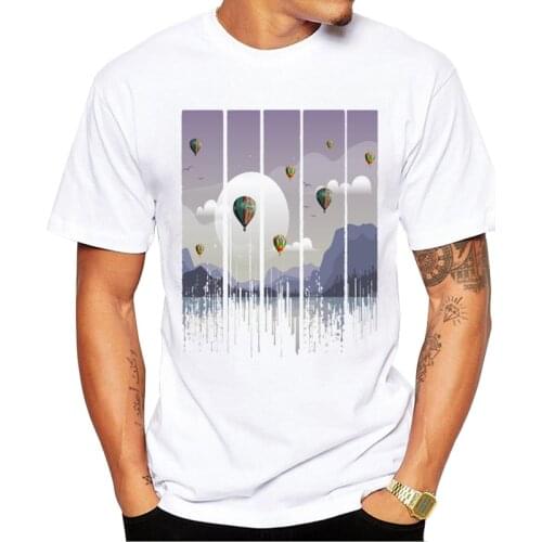 TEEHUB Funny Grunge Dripping Sunset Celebration Printed Men T-Shirt Hot Air Balloon Tshirts Short Sleeve Tee Fashion Tops