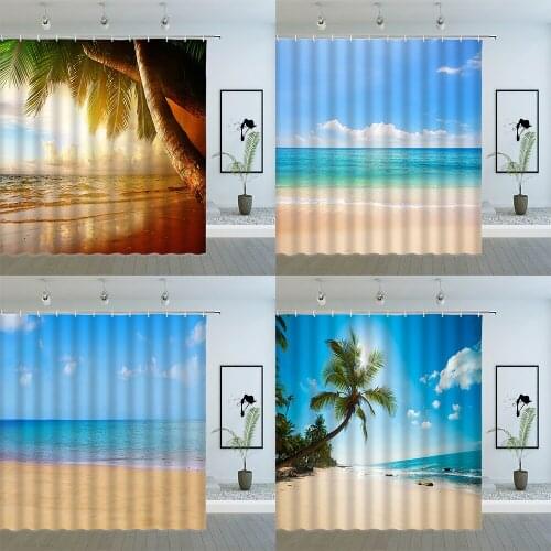 Ocean Beach Landscape Shower Curtains Sea Wave Coconut Tree Starfish Shell Blue Sky Scenery Bathroom Waterproof Cloth Curtain