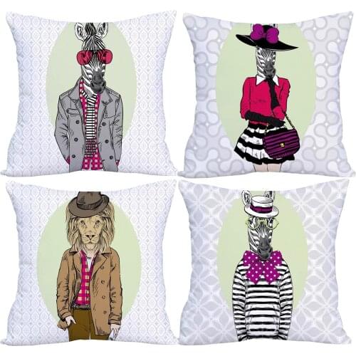 Zebra Lion Giraffe Cushion Cover Animals With Suit Pillow Case White Polyester Pillowcase 45X45cm