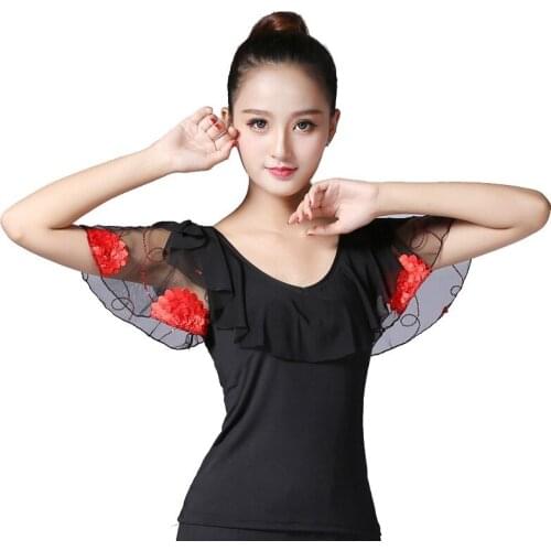 Women Latin Dance Blouse T-shirt Top Ballroom Dancewear Salsa Tango Floral Ruffle Practice 904-B136