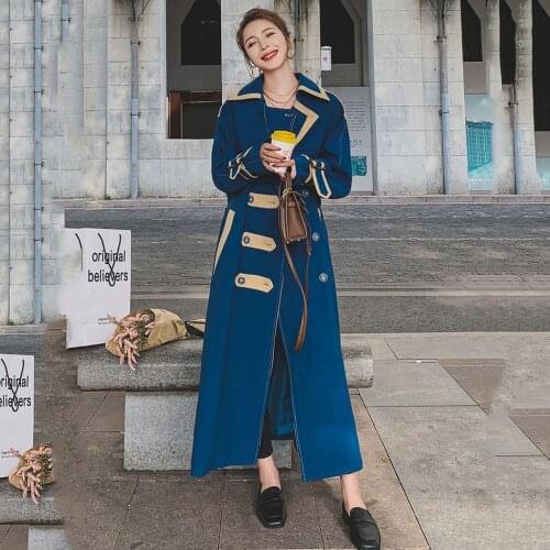 Womens Windbreaker Spring Autumn 2021 New Korean Loose Design Double-Breasted Long-Sleeved Straight Stitching Fashion Jacket 2Z