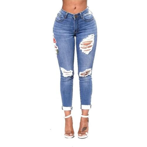 CFYH Womens Jeans With Flowers Embroidery Boyfriend Ripped Jeans For Women Pencil Pants Hole Pantalon Femme Stretch Trousers