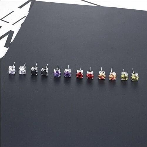 Wholesale Jewelry -- 4 Claws Single Round 12 colors choices 7 mm CZ Stud Earrings for Women Rose Gold Color AAA+ Cubic Zircon
