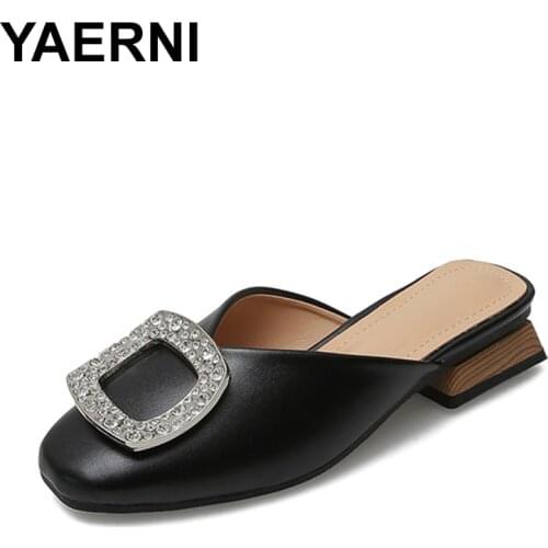 YAERNI luxury crystal decoration slippers women square buckle closed toe slides shoes woman wood chunky heel pantoufle big size