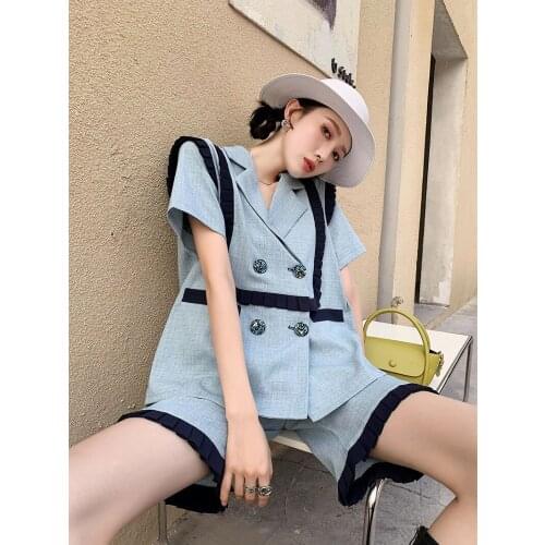 Half Pant Two Piece Sets New Fashion Design Black Pleated Splicing Double Breasted Short Sleeve Thin Suit Tops Women Summer Suit