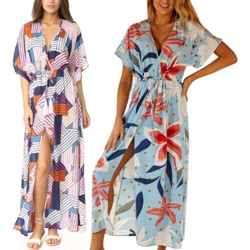 Women Half Sleeve Bikini Swimsuit Cover Up Boho Geometric Print Beach Maxi Dress Drawstring Waist Split Kaftan Beachwear