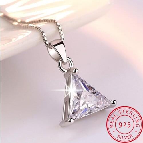 925 Sterling Silver Jewelry AAA Zirconia Triangle Pendant Necklace For Women Gift 45cm Link Chain choker collares S-N107