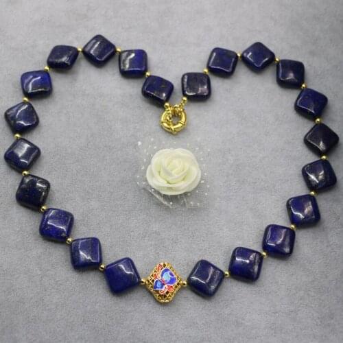High quality natural blue lapis lazuli 14mm square shape beads necklace for women elegant cloisonne chain jewelry 18inch B3022