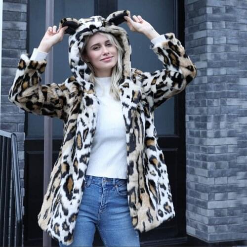 2018 Hot Autumn Womens Fashion Leopard Print Hooded Faux Mink Fur Coats High Quality Winter Warm Femlae Rabbit Leather Jacket