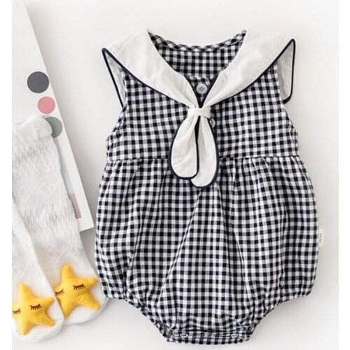 2021 New Sets Baby Boy Girl Sleeveless Grid Rompers Summer Baby Kids Girls Newborn Japan Style Navy Collar Babies Infant Clothes
