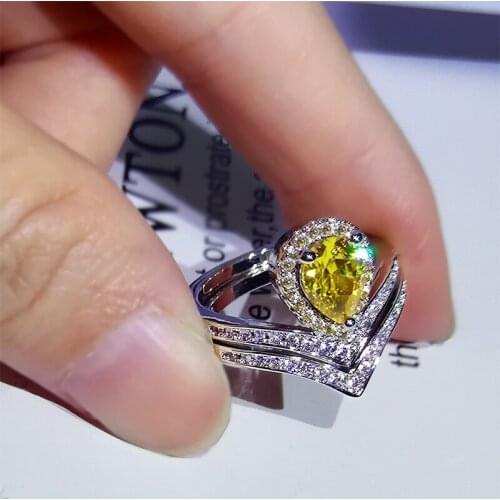 925 Silver Classic Citrine diamond Ring V-Shaped Platinum Plated Micro Luxury Zircon Ring Party Wedding Engagement Jewelry Gift