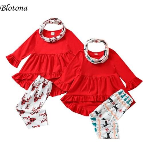 Blotona Baby Girls Christmas Set Kids Solid Color Long Flared Sleeve T-Shirt XMAS Elk Pattern Bottoms, 6Months-4Years