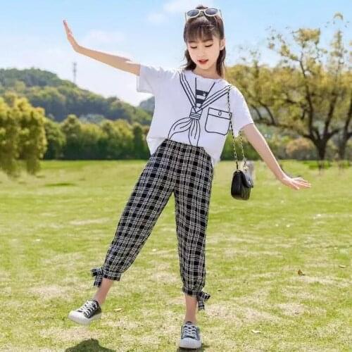 2021 Girls Summer Outfits White T-Shirt & Plaid Pants 2pcs Sets Child Clothing 8 10 12 Years Teen Kids Clothes Casual Tracksuit