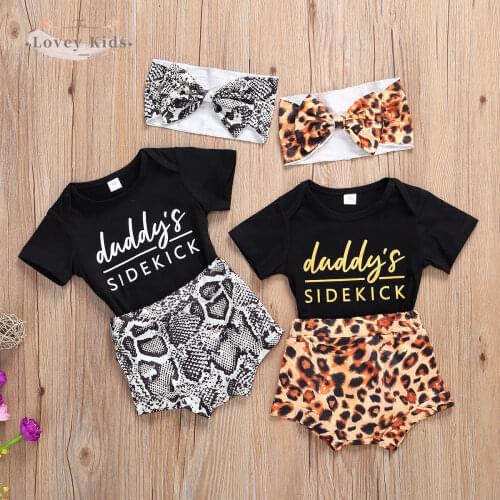 2020 Toddler Baby Girl Outfit 3PCS Shorts Sleeve Bodysuit Shorts Pants Headband Snake Leopard Print Dadds Sidekick Kids Clothes