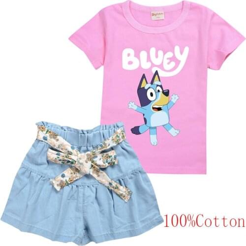 Toddler Girls Clothing Sets Baby girls bingo bluey Cartoon short sleeve T-shirt And Dress Suit Kids Fashion Sports Clothes Set