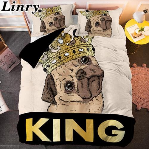 Cartoon Pug King Crown Pet Dog Animal Duvet Cover set with Pillowcase King/Queen Size Comforter Bedding Set Home Decor Textile