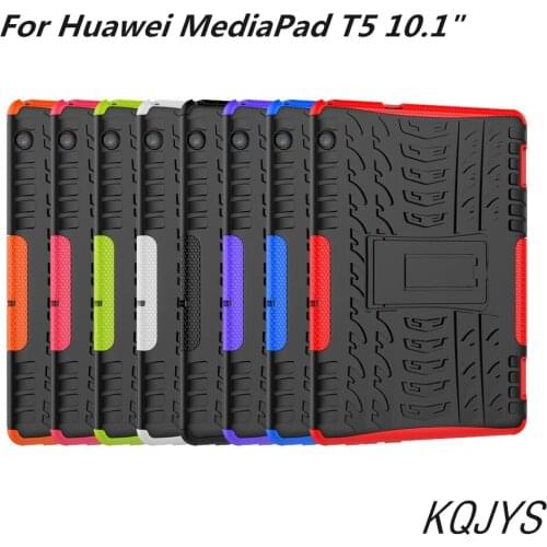 KQJYS Hybrid PC+TPU Silicone Armor Holder Back Cover For Huawei MediaPad T5 10.1 inch Full Body Shockproof Protective Case