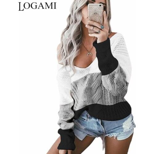 LOGAMI V Neck Patchwork Loose Sweater and Pullover Women Autumn Winter Twist Knit Jumpers Ladies Pullovers