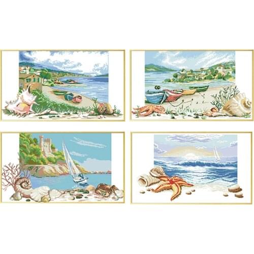 Seaside Scenery Patterns Cross Stitch Kits Printed Fabric Embroidery Needlework Sets 11CT 14CT Diy Handmade Home Decor Paintings