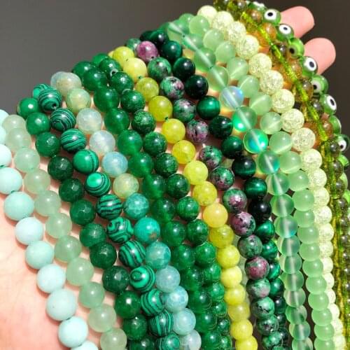 Natural Stone Green Agates Malachite Turquoise Chalcedony Jades Crystal Round Beads for Jewelry Making DIY Bracelets Necklaces