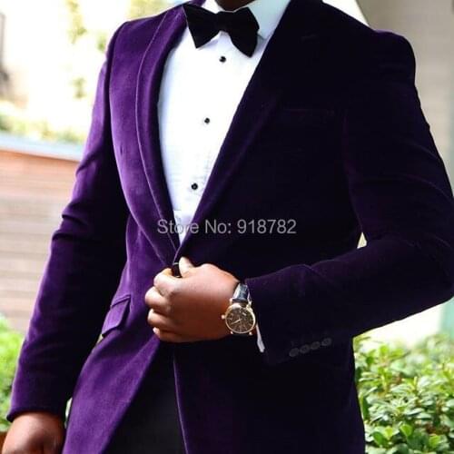 New Design 2018 Costume Homme Purple Velvet Suit With Black Pant Slim Fit Suit Men Wedding Groom Tuxedo Suit Jacket+Pant+Bowtie