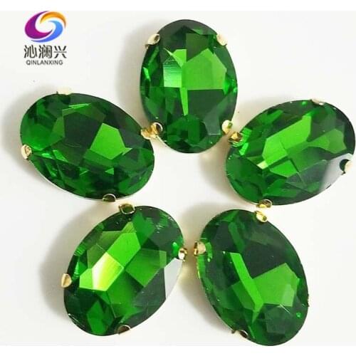 Grass green oval shape High quality Glass Crystal sew on stones,golden bottom claw rhinestone,Diy/Clothing accessories SWTG21