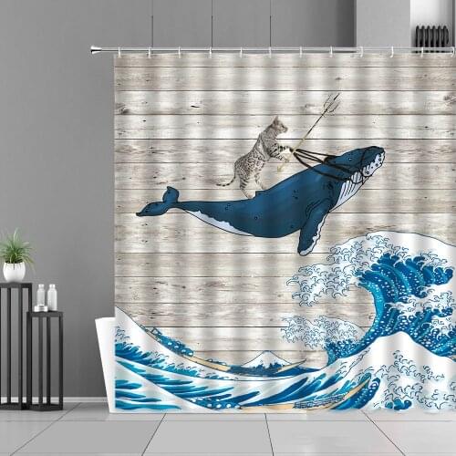 Cartoon Funny Whale Shower Curtains Cat Whales Sea Wave Mermaid Tropical Fish Underwater World Bath Curtain Children Room Decor
