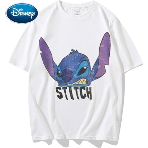 Disney Fashion Stitch Little Monster Letter Cartoon Print O-Neck Tee Chic Couples Unisex Women T-Shirt Short Sleeve Tops 7 Color