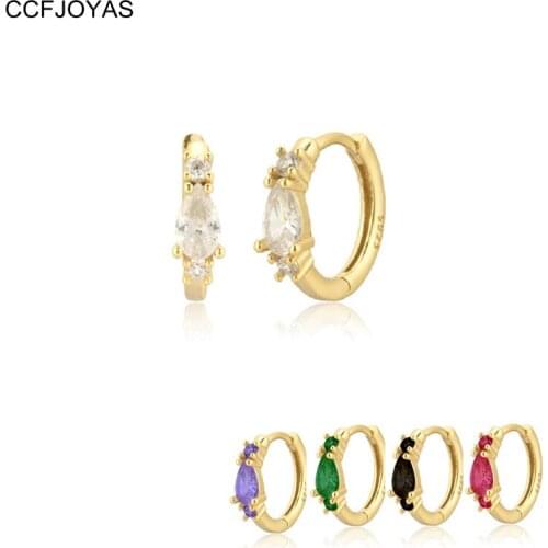 CCFJOYAS 925 Sterling Silver Water Drop Small Hoop Earrings for Women Simple Gold Clear Black Purple Zircon Piercing Earrings