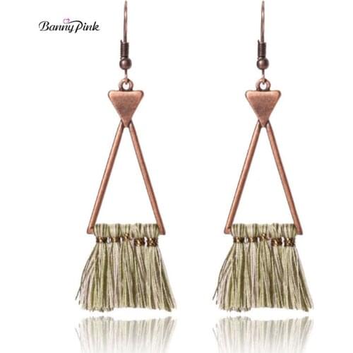 Banny Pink Vintage Metal Double Triangle Pendant Dangle Earrings For Women Ethnic Cotton Tassel Earrings Fashion Jewelry Bijoux