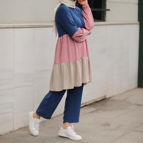 Wepbel Muslim Womens Two Piece Set Arab Suit Plus Size Long Sleeve Tops and Full Length Pants Patchwork Plus Size Loose