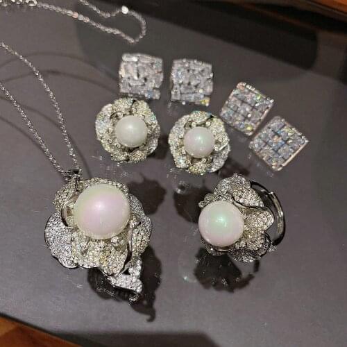 Natural Pearls 925 Silver Bridal Jewelry Sets Women White Zircon Earrings With Stones Pendant&Necklace/Rings Temperament Set