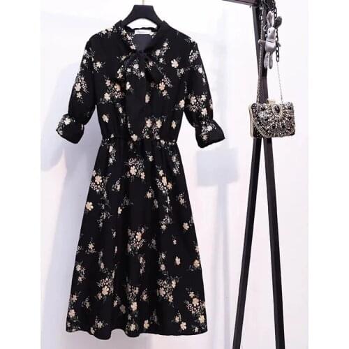 Plus Size 6XL 150KG Women Chiffon Dress Female Vintage Floral Printed Short Sleeve Bow Midi Dresses Flare Short Sleeve Vestidos