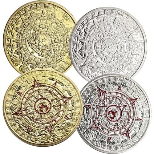 4PCs Maya Gold Silver Commemorative Coins Mexico Prophecy Calendar Pyramid Aztec Medals Mayan Civilization Gifts