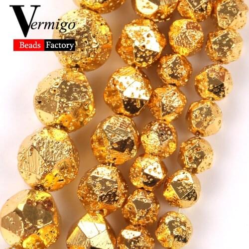 6/8/10mm Natural Faceted 18K Gold Hematite Lava Stone Beads Round Beads for Jewelry Making Supplies Diy Bracelets Necklace 15"