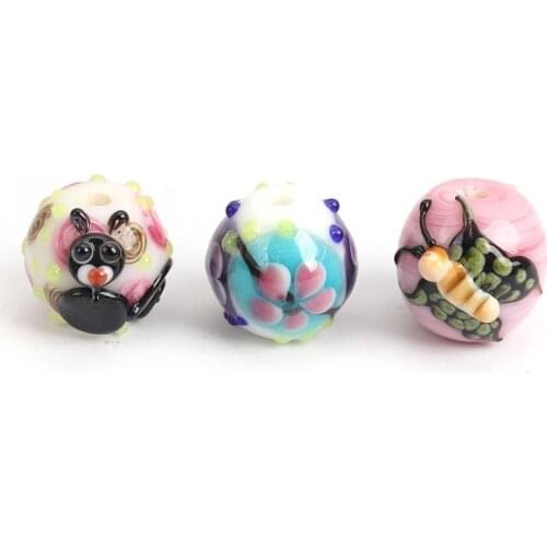 8Seasons Fashion Lampwork Glass Japanese Style Beads Round White Flower Leaves Cat Animal About , Hole: Approx 2.8mm, 1 PC