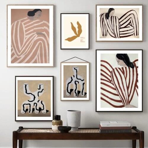 Abstract Geometry Line Girl Posing Leaf Wall Art Prints Canvas Painting Graffiti Nordic Poster Decor Pictures For Living Room