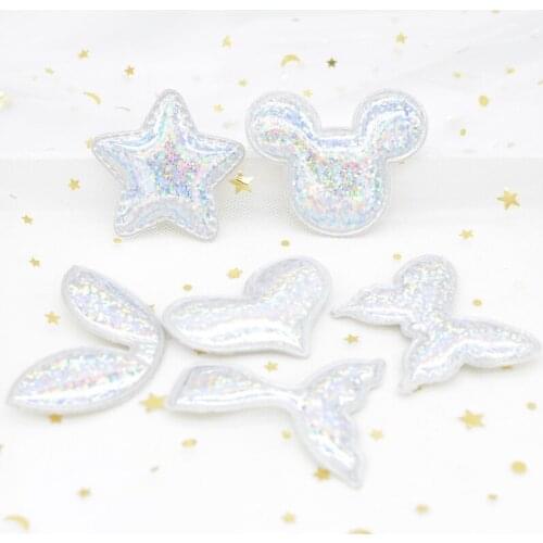 Glitter Laser PU Fabric Mermaid Tail Star Rabbit Ears Heart Butterfly Mouse Applique Pads Patches for Hair Headwear Decor G38