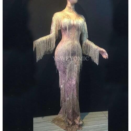 One Piece Gold Rhinestones Fringes Party Dress Stage Wear Big Stretch Dress Singer Evening Performance Tassel Long Dress