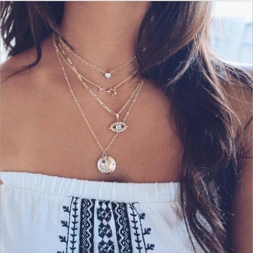 Four layer Necklace metal chain choker crystal pendant Constellation eye disc with moon star Acrylic gold color plated