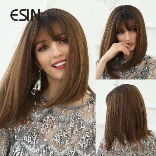 ESIN Medium Long Straight Dark Root Ombre Brown Wig with Bangs Cosplay INS Synthetic Wigs for Women Heat Resistant Hair