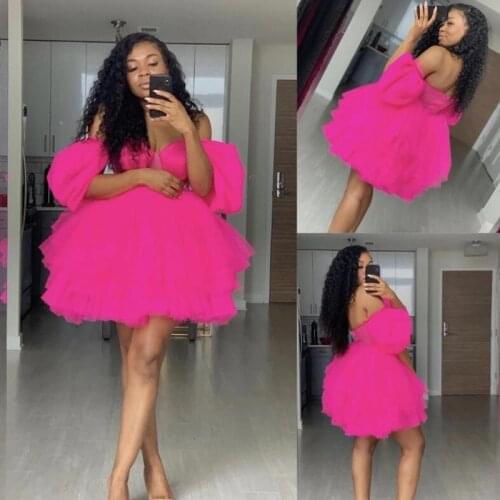 Fuchsia Gown Tiered Puffy Tulle Mini Evening Party Dress Off Shoulder Long Sleeves Ruffle Short Prom Gown Formal Custom Made