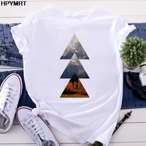 Fun Geometric triangle Print T Shirt Women Graphic Casual T-shirt Femme Summer Short Sleeve Tshirt White Vintage Tee Shirts Tops