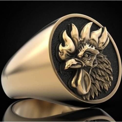 Ofertas Wholesale Punk Domineering Enamel Alloy Rooster Head Rings for Men Gold Silver Color Fashion Jewelry for Party Friends