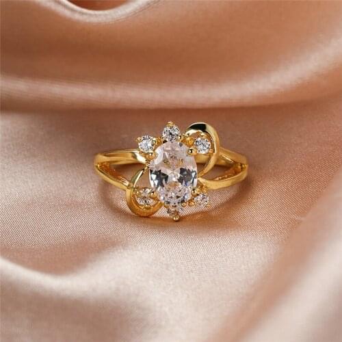 White Zircon Oval Stone Flower Rings For Women Fashion Jewelry Vintage Yellow Gold Crystal Ring Female Simple Wedding Ring Size6