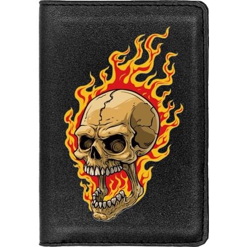 Punk Style Fire Skull Leather Travel Passport Case Personality Men Women ID Credit Card Holder Cover
